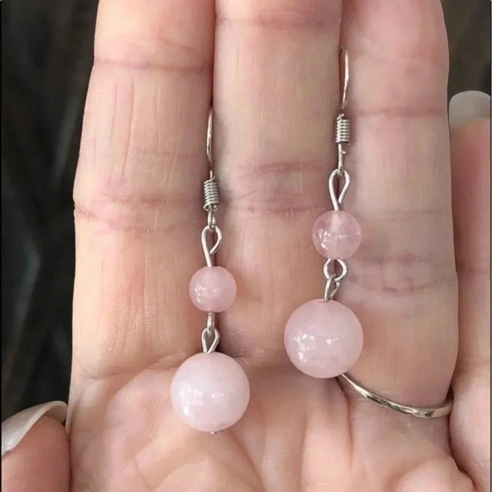 Rose Quartz Pink 10mm & 6mm Double Bead Silver Drop Earrings NWT
